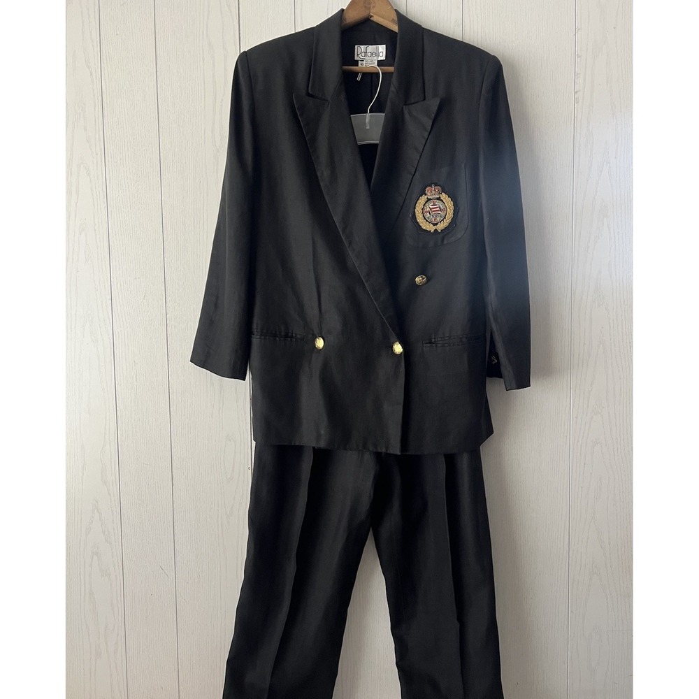 Rafaella 90's Pant Suit Set Crest Blazer & Pants LINEN gold Buttons Black Sz 10